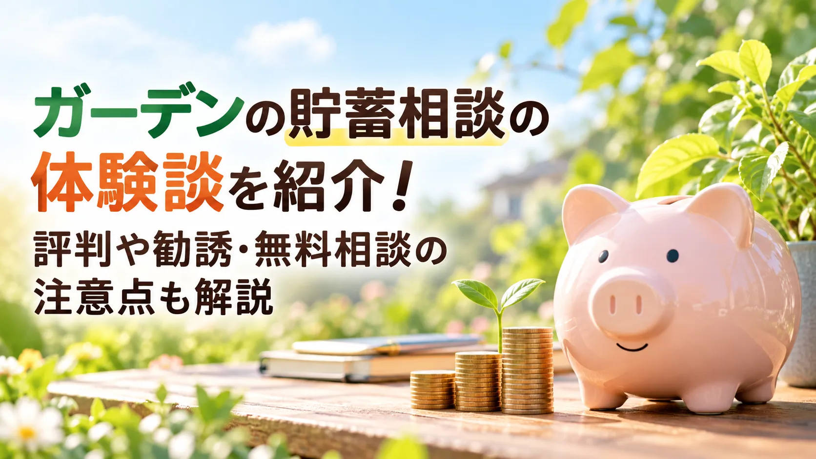 明るい庭を背景に、貯金箱と積み重ねた硬貨を配置し、ガーデンの貯蓄相談の体験談や評判、勧誘と無料相談の注意点を紹介するアイキャッチ画像。