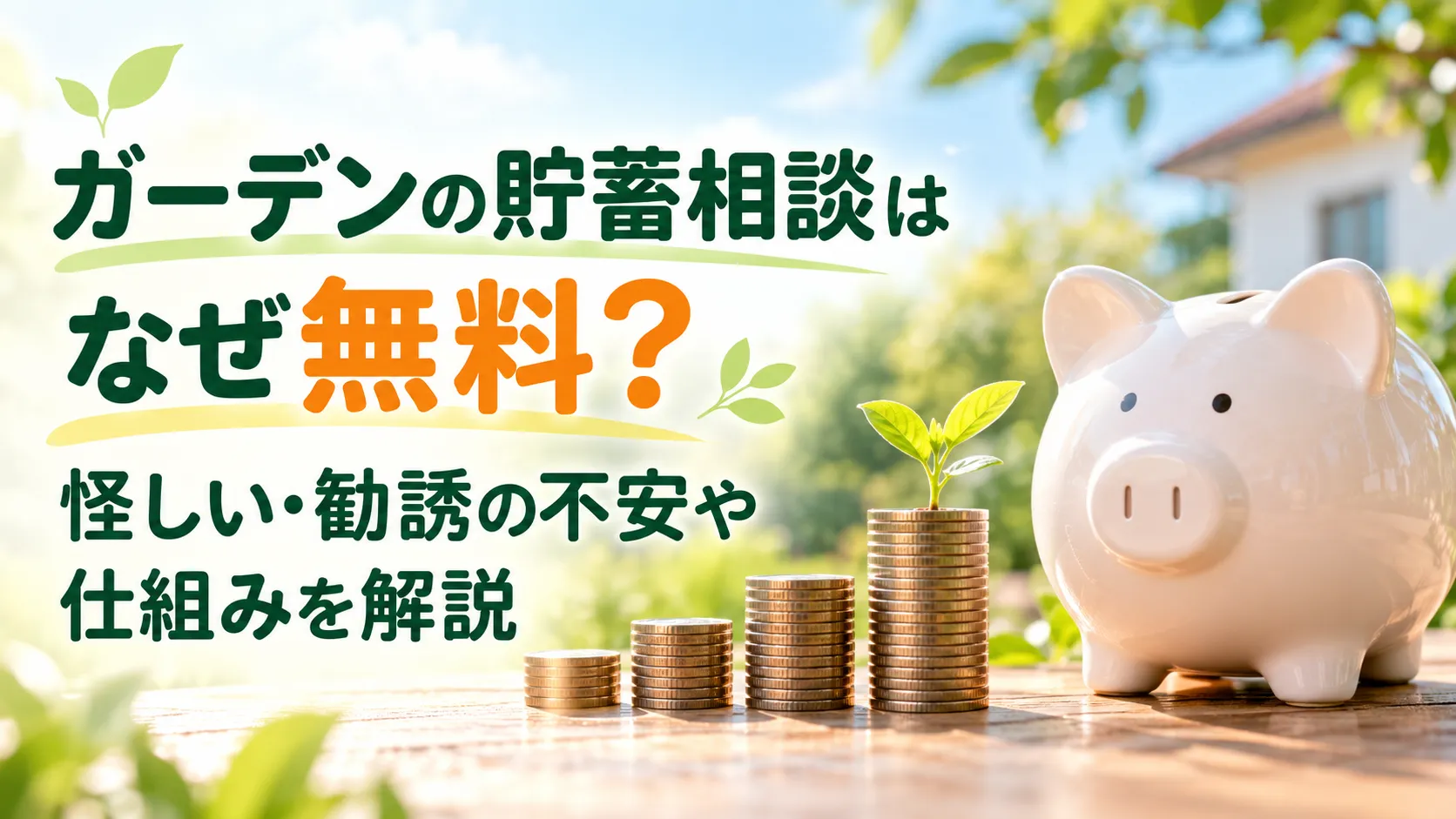 ガーデンの貯蓄相談が無料の理由や勧誘への不安をテーマに、貯金箱と積み重ねた硬貨、芽吹く植物を描いたアイキャッチ画像。